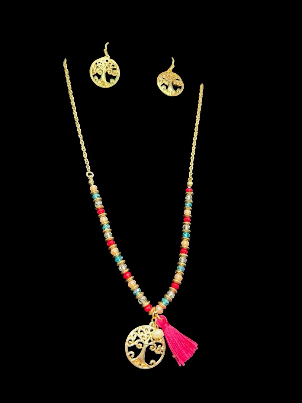 Crystal & Stimulated Pearl Gold Tree of Life Necklace & Earrings w/ Pink Tassel